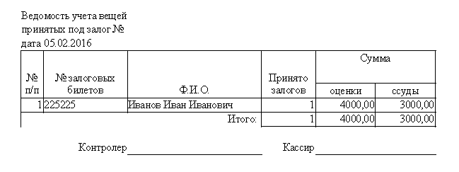 Программа для ломбарда - Формирование отчета