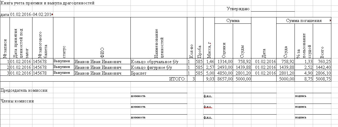 Программа для ломбарда - Формирование отчета